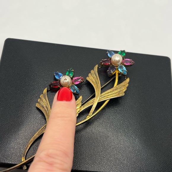 Flower SYMMETALIC rhinestone Vintage STERLING Silver 14KT Gold Brooch Pin - Picture 11 of 16